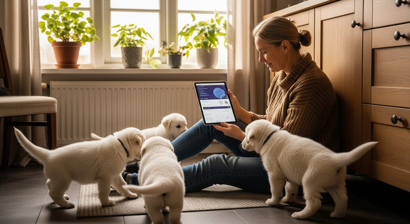 Éleveuse consultant des données sur tablette au milieu d'une portée de chiots