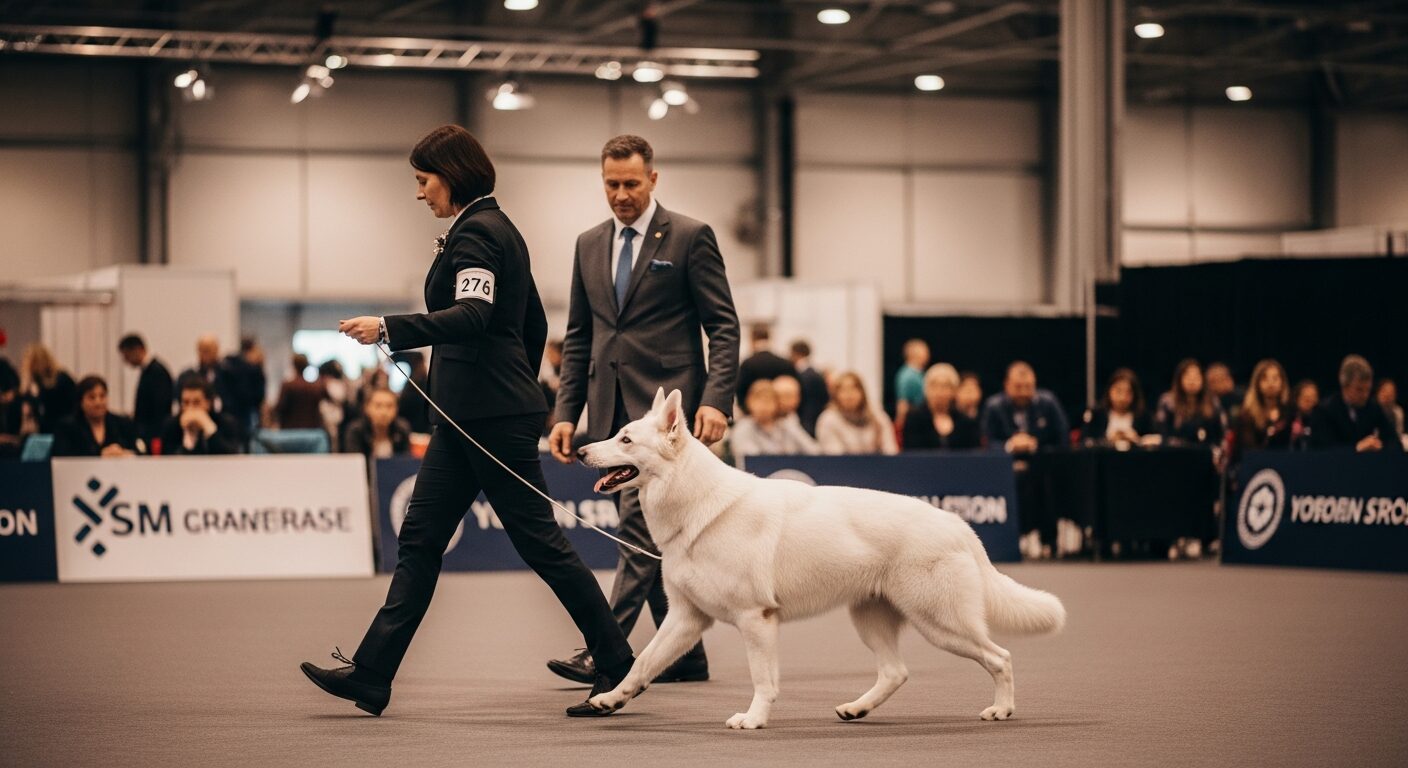 Chien présenté sur un ring d'exposition canine, contexte des classements et standards de race