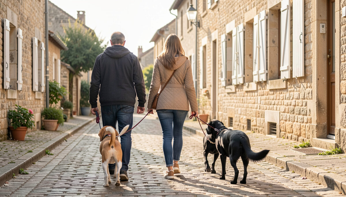 Un couple promène un beagle et un labrador noir en laisse dans une rue pavée de village, entre des maisons de pierre aux volets clairs, lumière du matin